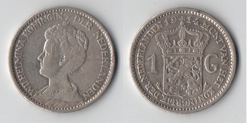  Niederlande  1 Gulden   1914   Königin Wilhelmina     FM-Frankfurt  Feinsilber: 9,45g   