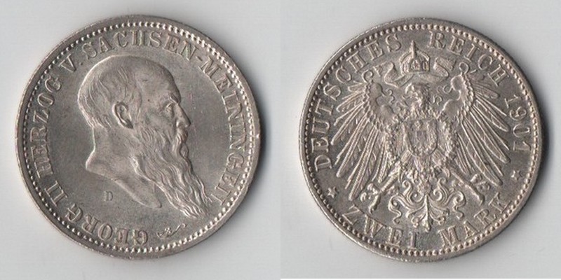  Sachsen-Meiningen, Kaiserreich  2 Mark  1901 D  Georg II. 1866-1914   FM-Frankfurt   Feinsilber: 10g   