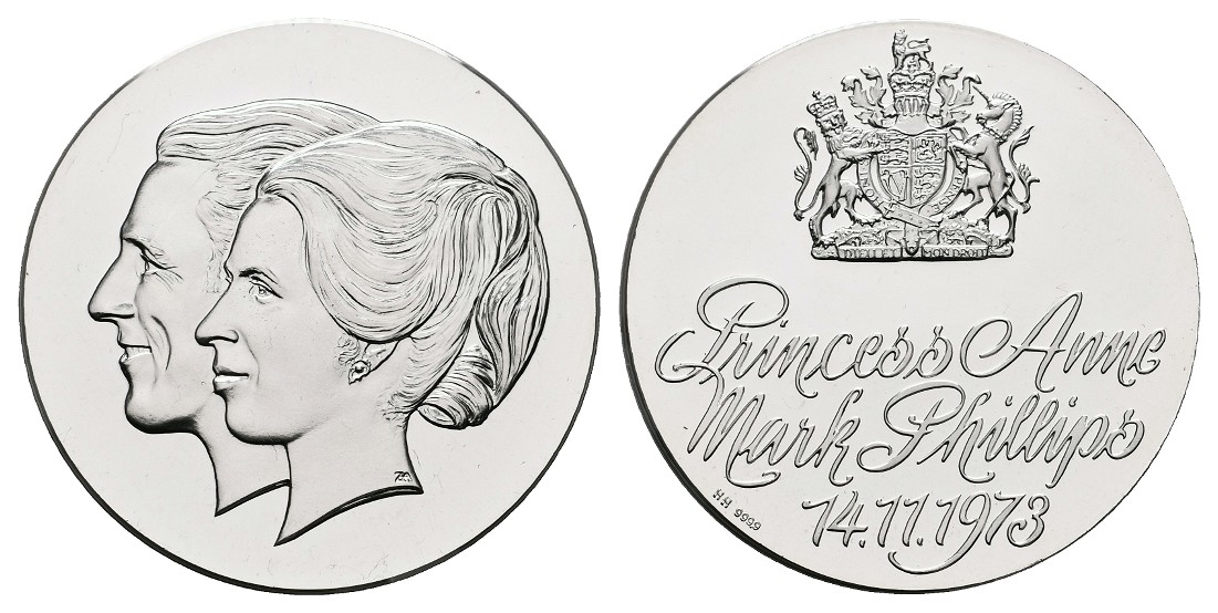  Linnartz Großbritannien Silbermedaille 1973 a.d. Hochzeit Anne & Mark PP- Gewicht: 14,7g/999er   
