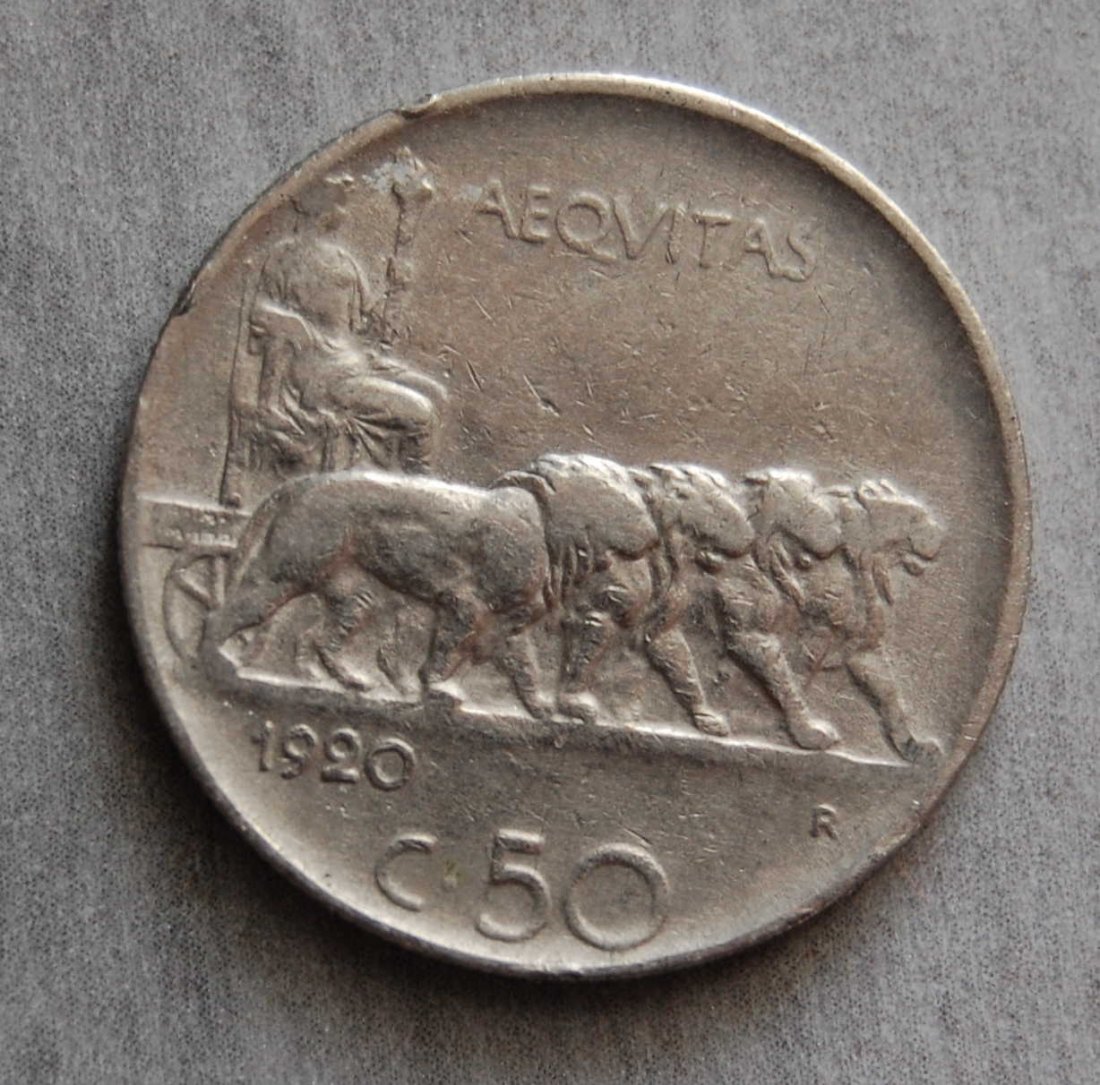  Italien 50 Centesimo 1920  KM-Nr. 61.2 gerändelter Rand!!!!!! selten   