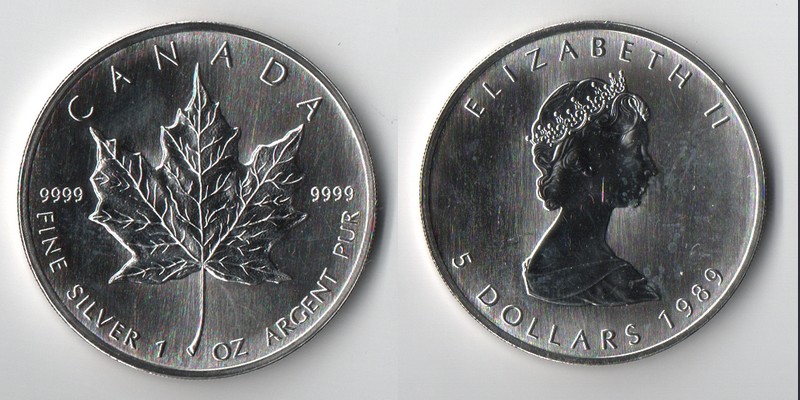  Kanada  5 Dollar  1989   Kanadisches Ahornblatt   FM-Frankfurt   Feinsilber: 31,1g   