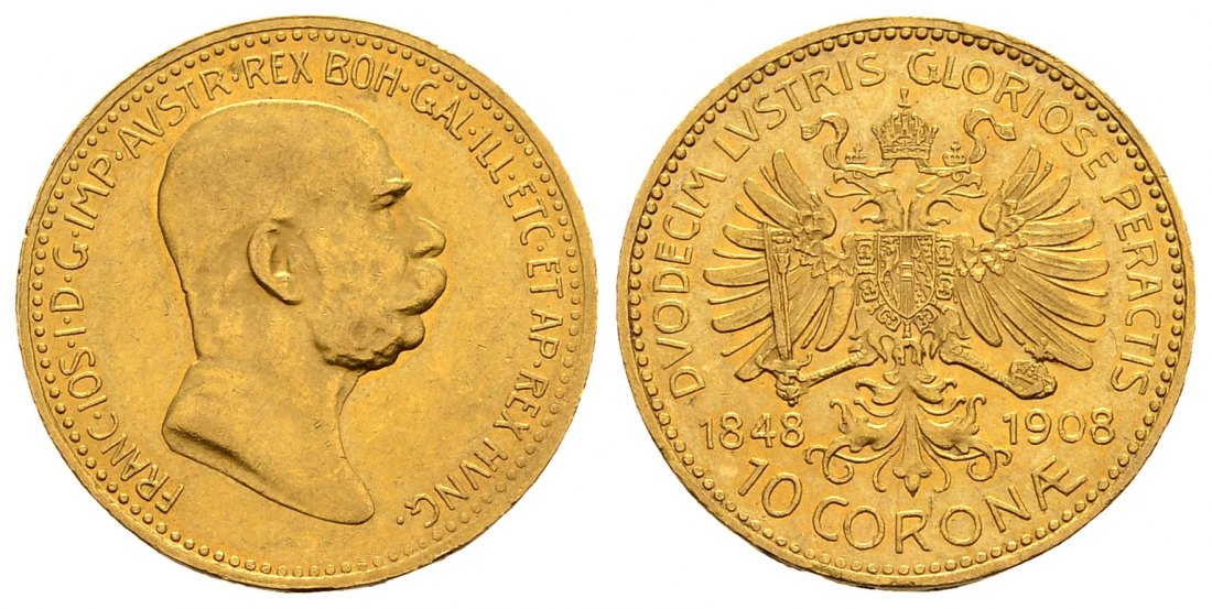 PEUS 2736 Österreich 3,05 g Feingold. Zum 60. Regierungsjubiläum Franz Joseph I. (1848 - 1916) 10 Kronen GOLD 1848/1908 Kl. Kratzer, Vorzüglich