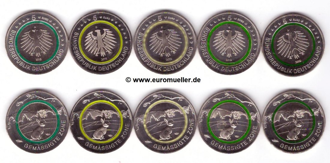 Deutschland 5x 5 Euro Gedenkmünze 2019...Gemäßigte Zone...A/D/F/G/J   
