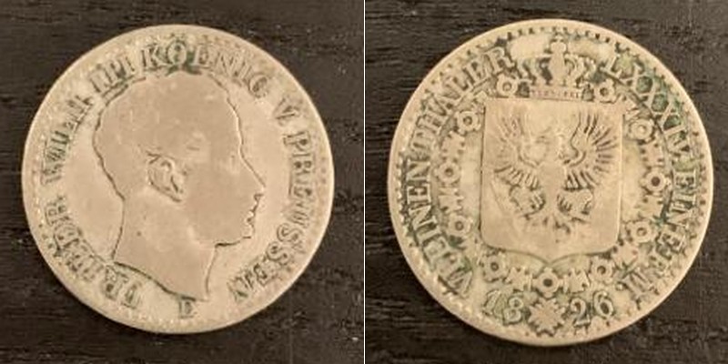  Preussen  1/6 Taler - Ausbeutetaler 1826 D  Friedrich Wilhelm III.  FM-Frankfurt  Feinsilber: 2,76g   
