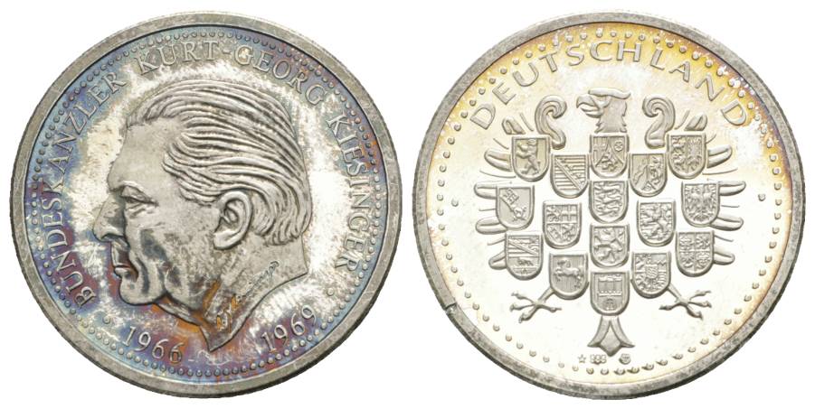  Medaille BRD, Bundeskanzler Kurt Georg Kiesinger 1966-1969; AG 0,999; 14,92 g, Ø 35 mm   