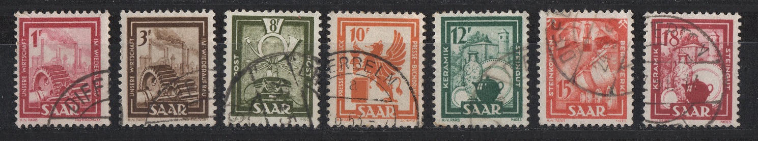  Saarland 1949 Lot 1 Mi. 274-275/278-282 gebr. gestempelt Mi. 9,40 € (7 Werte)   