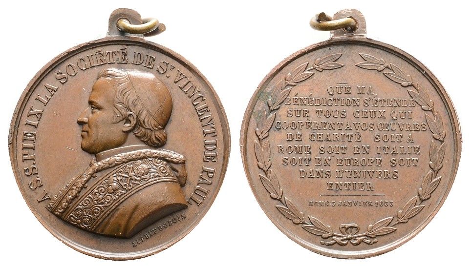  Linnartz Vatikan, Pius IX. Bronzemed. 1855, von A. Dubois, 34 mm, mit angeprägter Öse, vz   