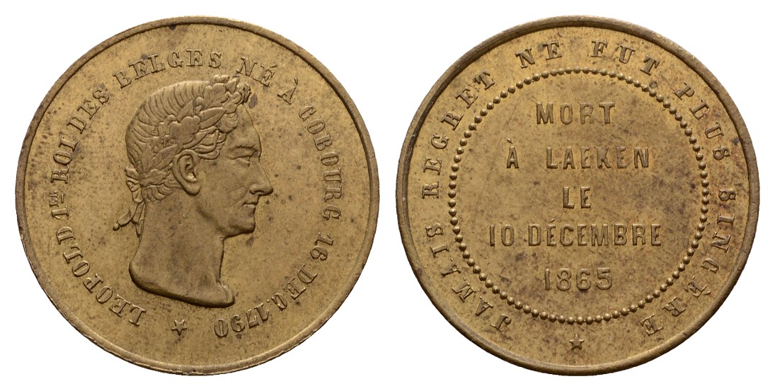  Linnartz BELGIEN,Leopold I.,  vergoldete Bronzemed. 1865, 27 mm, vz +   