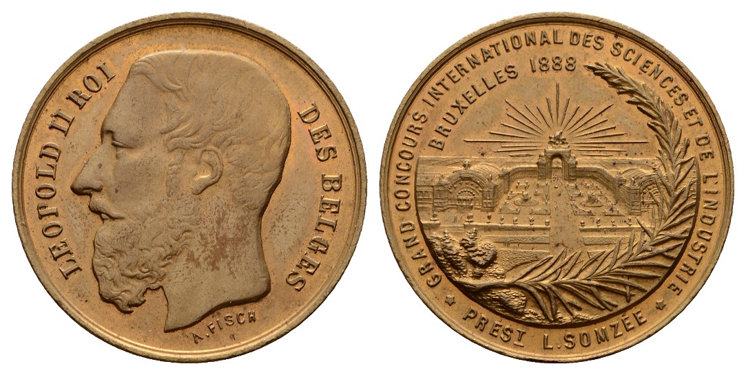  Linnartz BELGIEN,Leopold I.,Brüssel, Vergoldete Bronzemed. 1888, 34 mm, vz-st   