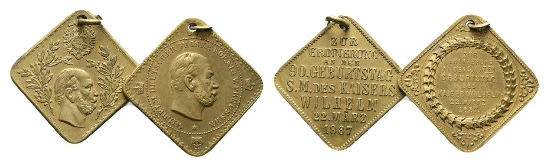  Preußen, tragbare Medaillenklippen 1887, 2 Stück; Messing, 8,50/8,47 g, Ø 26/25 mm   