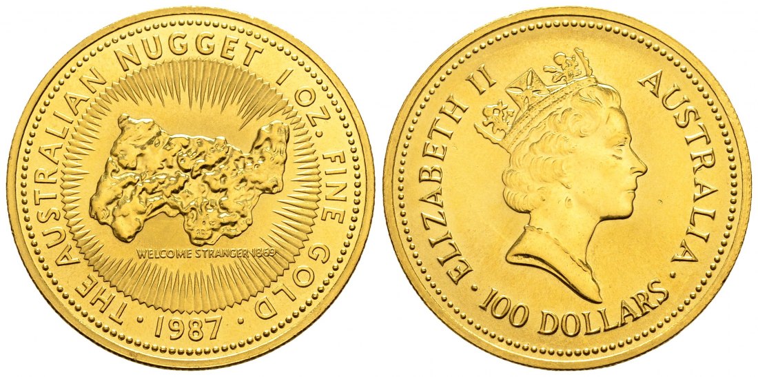 PEUS 2811 Australien 31,1 g Feingold. Welcome Stranger Nugget 100 Dollars GOLD Unze 1987 Fast Stempelglanz