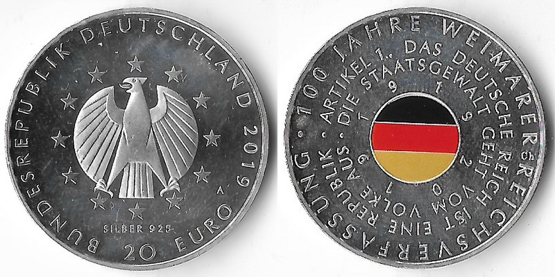  BRD  20 Euro 2019 A   100 Jahre Weimarer Reichsverfassung   FM-Frankfurt Feinsilber: 16,5g   