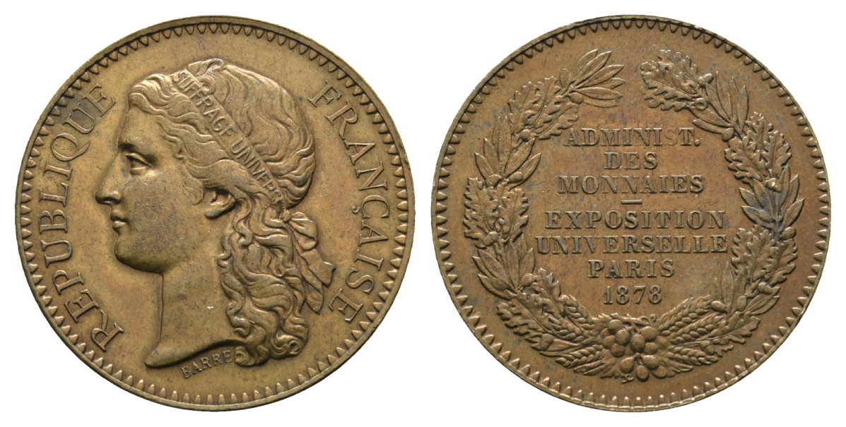  Frankreich, Bronzemedaille 1878; 12,11 g, Ø 30 mm   