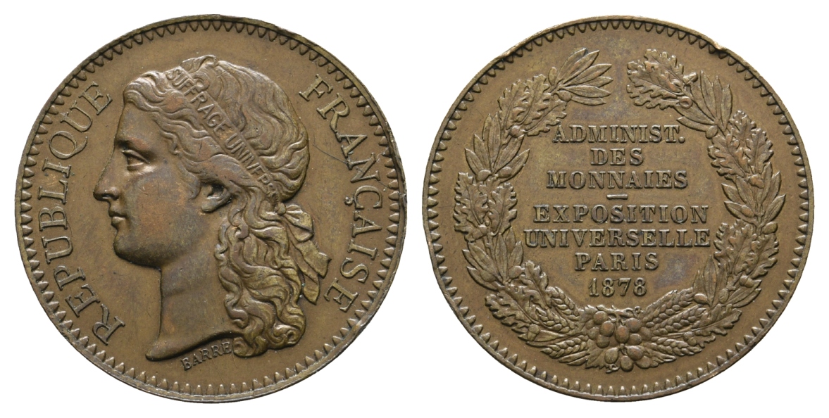  Frankreich, Bronzemedaille 1878; 15,51 g, Ø 30 mm   