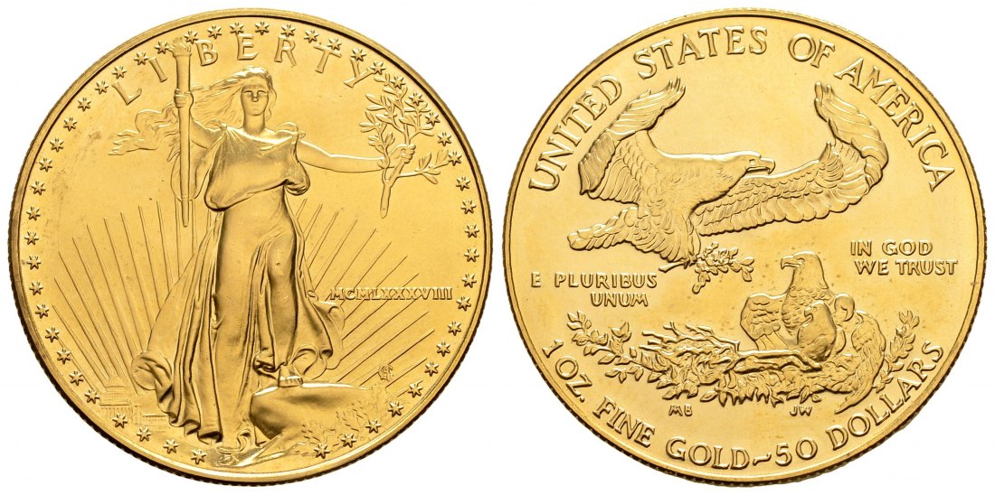 PEUS 2813 USA 31,1 Feingold 50 Dollars GOLD Unze 1988 Winzige Kratzer, fast Stempelglanz