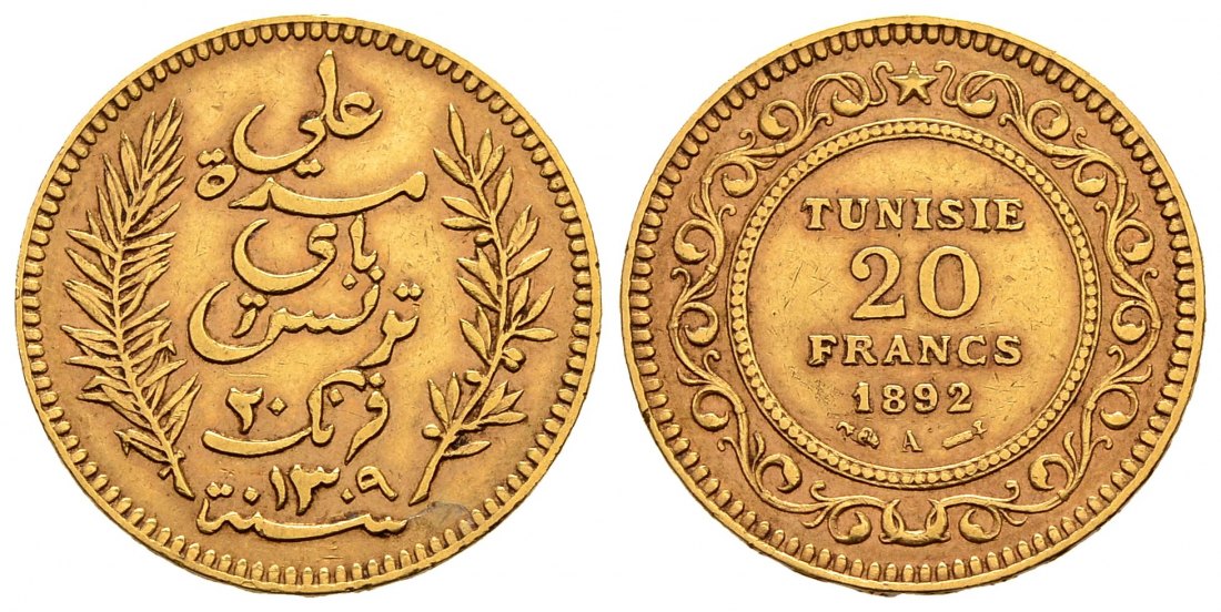 PEUS 2818 Tunesien 5,81 g Feingold 20 Francs GOLD 1892 A Sehr schön