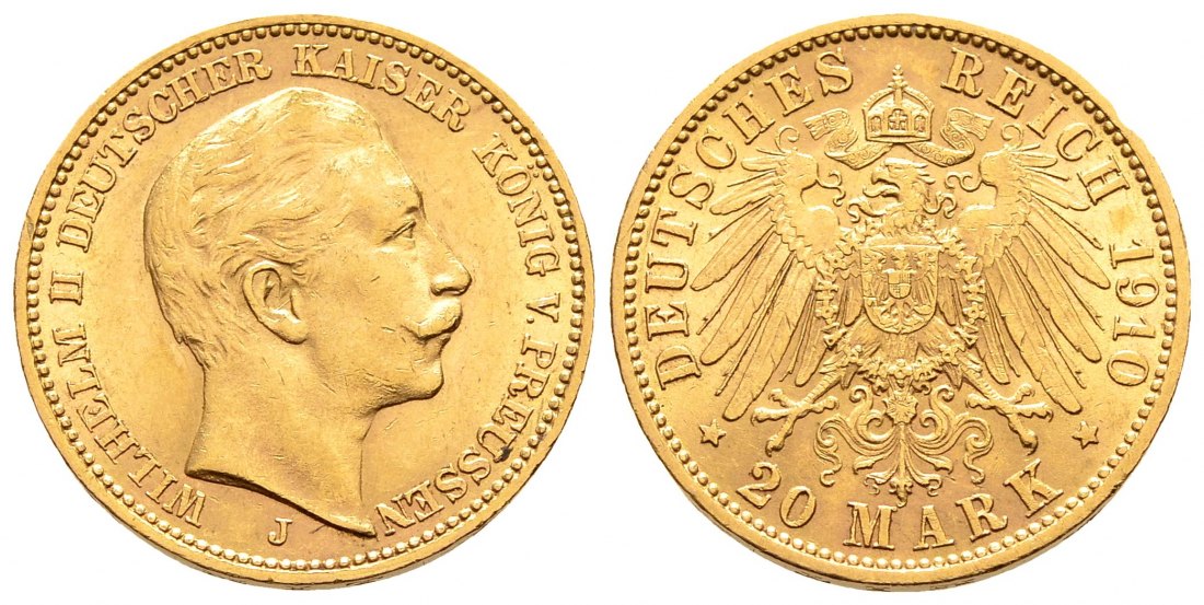 PEUS 2768 Preußen - Kaiserreich 7,16 g Feingold. Wilhelm II. (1888 - 1918) 20 Mark GOLD 1910 J Hamburg Kl. Kratzer, Sehr schön / Vorzüglich