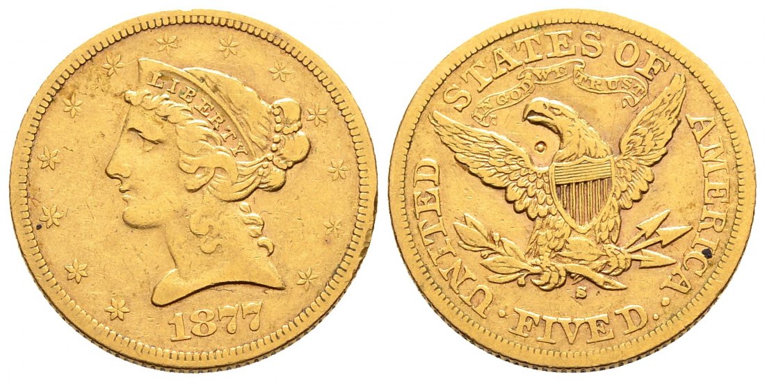PEUS 2770 USA 7,52 g Feingold. Coronet Head 5 Dollars GOLD 1877 S Prüfspur, fast sehr schön