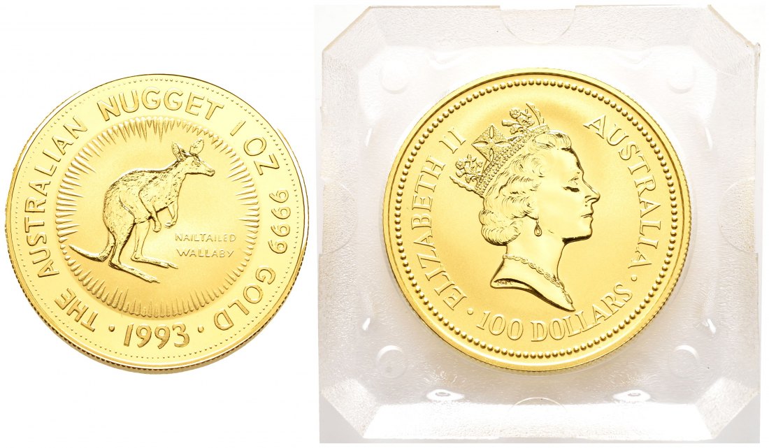 PEUS 2775 Australien 31,1 g Feingold. Nagelkänguru 100 Dollars GOLD Unze 1993 Uncirculated (Originalkapsel)