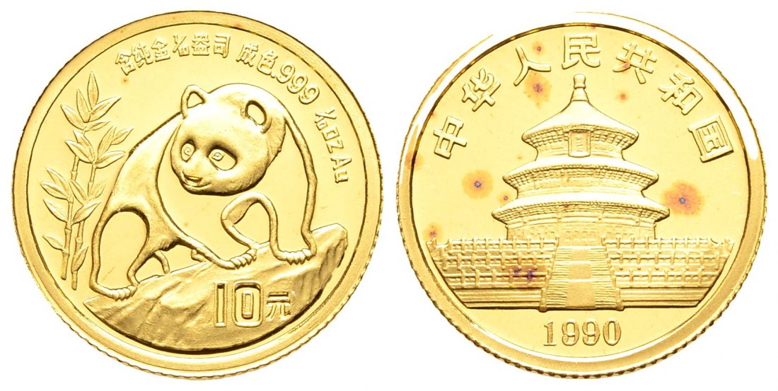 PEUS 2776 China 3,11 g Feingold. Panda auf Ast 10 Yuan GOLD 1/10 Unze 1990 Rote Flecken, Proof