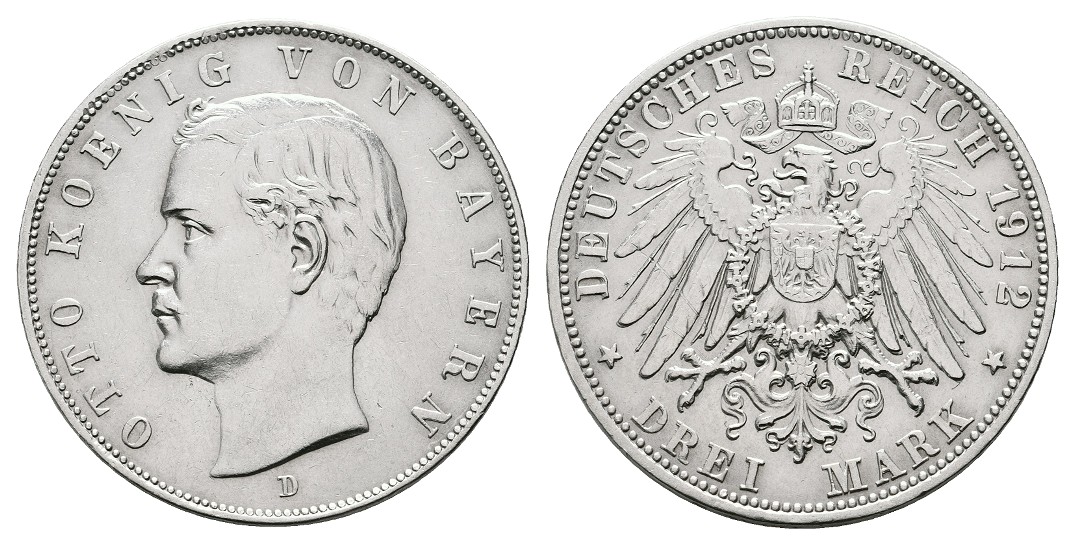  Linnartz KAISERREICH Bayern Otto 3 Mark 1912 D ss   