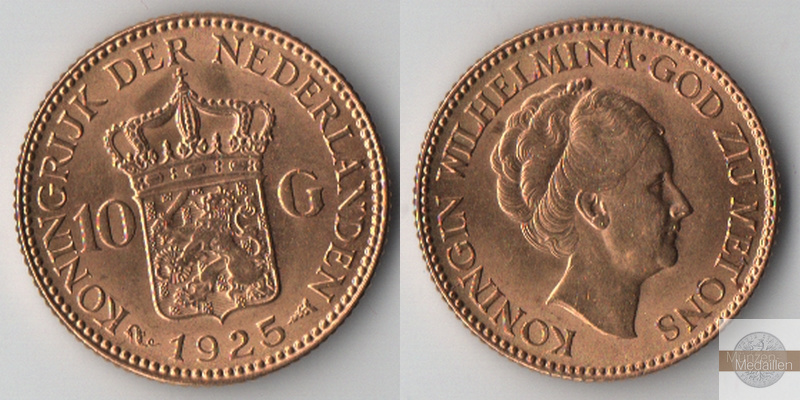 Niederlande  10 Gulden  1925 MM-Frankfurt  Feingold: 6,06g Wilhelmina I.  