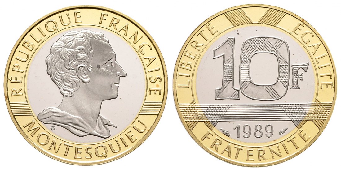PEUS 1648 Frankreich 10,02 g Feingold, 0,9 g Palladium, 0,6 g Feinsilber. 300. Geburtstag von Montesquieu. 10 Francs GOLD, PALLADIUM, SILBER 1989 Polierte Platte (Kapsel beschädigt)