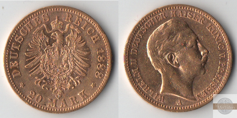 Preussen, Kaiserreich  1888 A  20 Mark MM-Frankfurt Feingold: 7,17g Wilhelm II  1888  