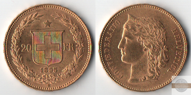 Schweiz  20 FR  1895 B MM-Frankfurt Feingold: 5,81g Helvetia  