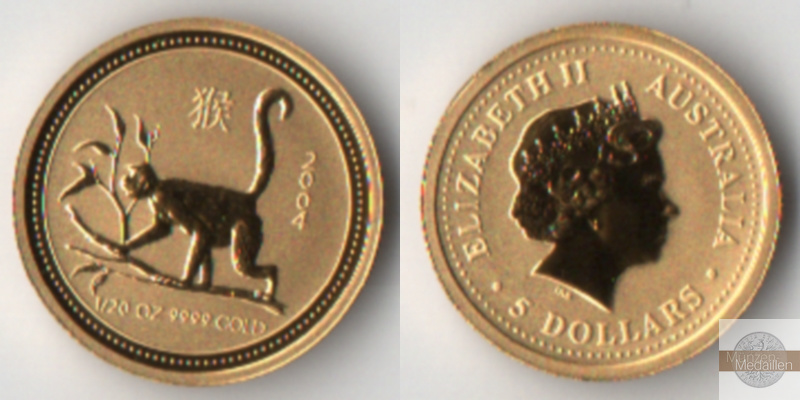 Australien 5 Dollar MM-Frankfurt Feingewicht: 1,56g Gold Jahr des Affen Lunar I 2004 