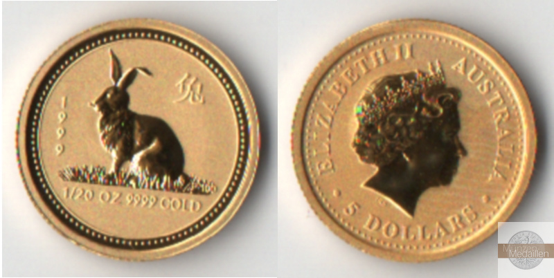 Australien 5 Dollar MM-Frankfurt Feingewicht: 1,56 g Gold Jahr des Hasens Lunar I 1999 