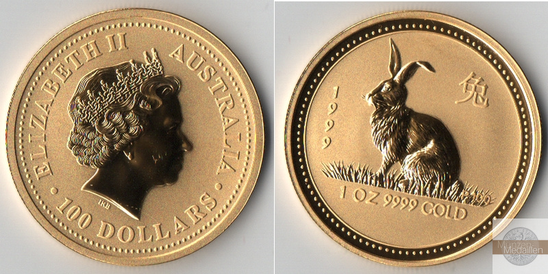 Australien 100 Dollar MM-Frankfurt Feingewicht: 31,1g Gold Jahr des Hasens Lunar I 1999 