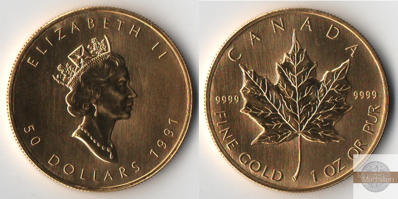 Kanada  50 Dollar  1991 MM-Frankfurt Feingold: 31,11g Maple Leaf  