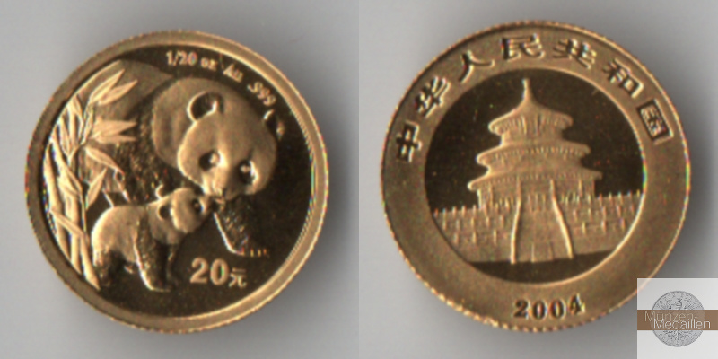 China  20 Yuan  2004 MM-Frankfurt Feingold: 1,56g Zwei Pandas  