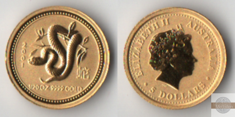 Australien  5 Dollar  2001 MM-Frankfurt Feingold: 1,55g Jahr der Schlange  