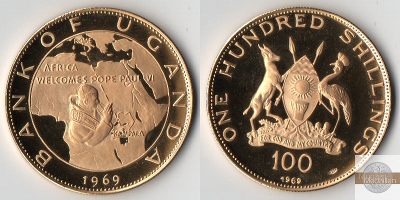Uganda  100 Shillings  1969 MM-Frankfurt  Feingold: 12,29g Papstbesuch Paul VI. in Afrika  