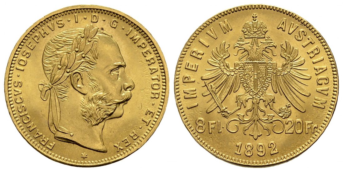 PEUS 2831 Österreich 5,81 g Feingold. Franz Joseph I. (1848 - 1916) 8 Gulden (NP) GOLD 1892 Kl. Kratzer, fast Stempelglanz