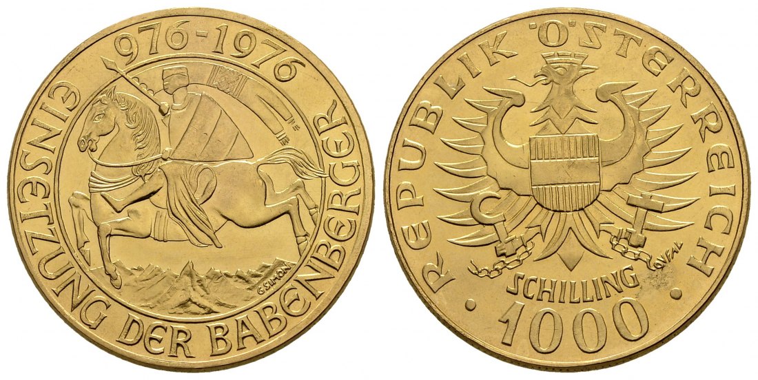 PEUS 2832 Österreich 12,15 g Feingold. Einsetzung der Babenberger 1000 Schilling GOLD 1976 Winzige Kratzer, fast Stempelglanz