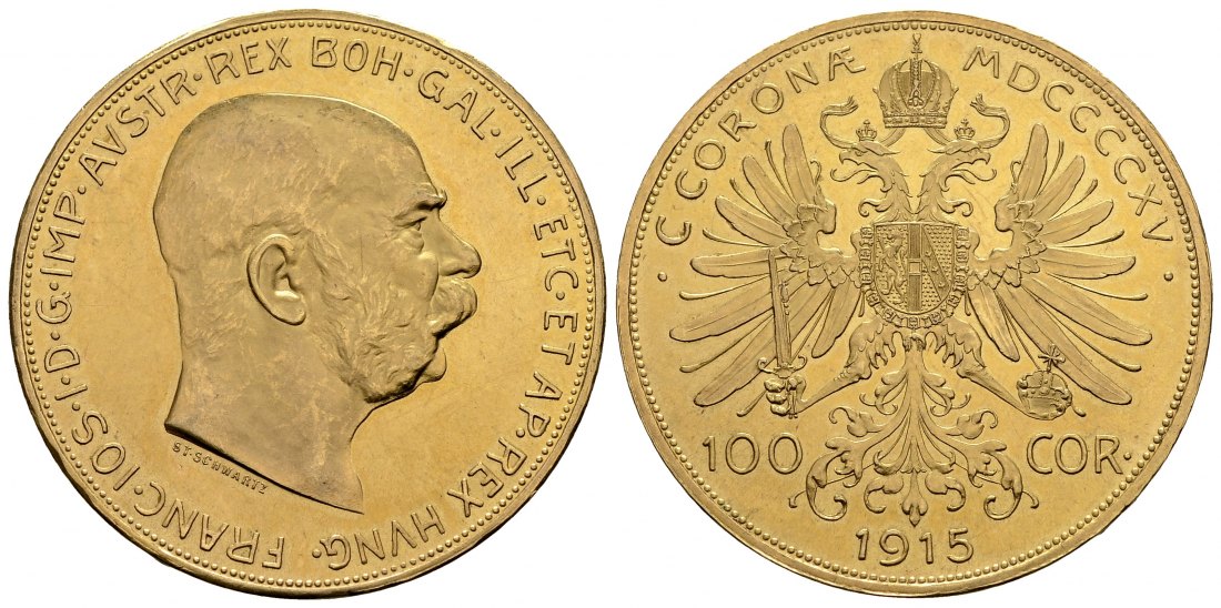 PEUS 2833 Österreich 30,49 g Feingold. Franz Joseph (1848-1916) 100 Kronen (off.NP) GOLD 1915 Winzige Kratzer, fast Stempelglanz