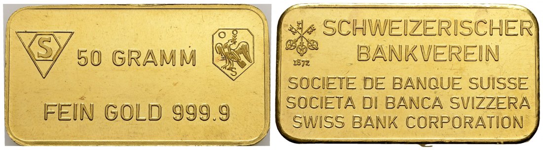 PEUS 2835 Schweiz 50 g Feingold. Schweizerischer Bankverein Barren GOLD 50 g o.J. Vorzüglich
