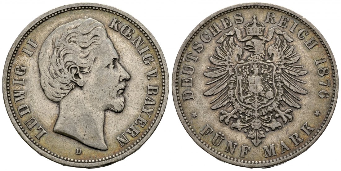 PEUS 2836 Kaiserreich - Bayern Ludwig II. (1864-1886) 5 Mark 1876 D München Sehr schön