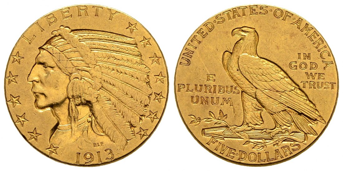 PEUS 9711 USA 7,52 g Feingold. Indian Head 5 Dollars GOLD 1913 Sehr schön