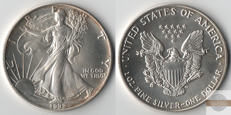  USA  1 Dollar  1992  American Eagle   FM-Frankfurt     Feinsilber: 31,11g   