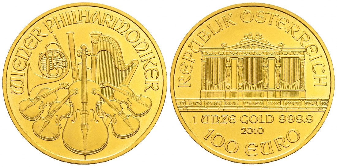 PEUS 2843 Österreich 31,1 g Feingold. Wiener Philharmoniker 100 Euro GOLD Unze 2010 Winzige Kratzer, fast Stempelglanz
