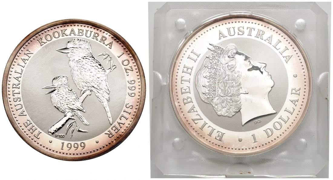 PEUS 2844 Australien 31,1 g Feinsilber. Zwei Kookaburra auf Ast Dollar SILBER Unze 1999 P100 Uncirculated (in Originalkapsel)
