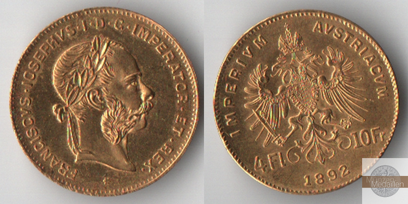 Österreich MM-Frankfurt   Feingold: 2,9g 4 Florin - 10 Francs 1892 NP 