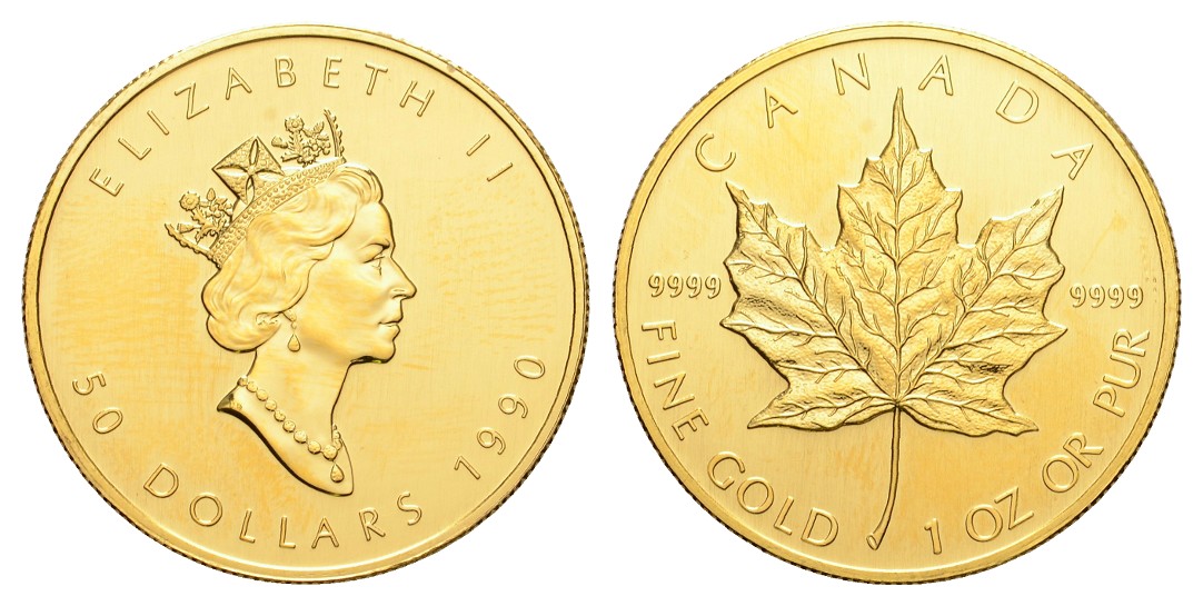  Linnartz Kanada Elisabeth II. Maple Leaf 1990, Feinunze/GOLD stgl Feingewicht: 31,1g   
