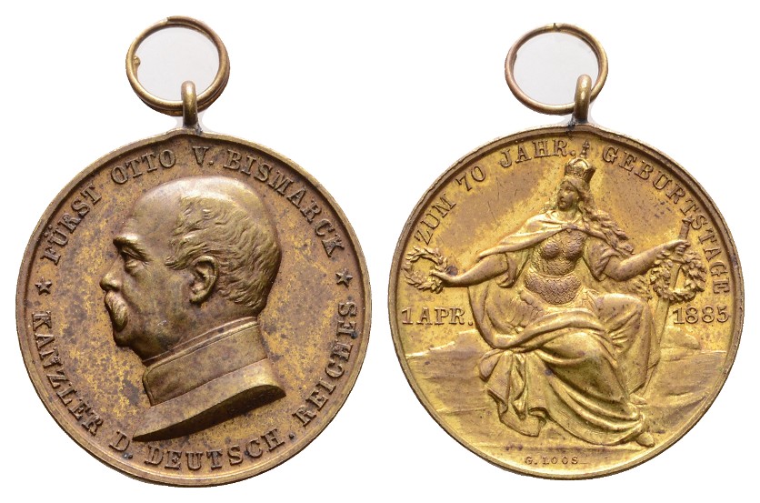  Linnartz Bismarck, Tragbare Bronzemedaille 1885 (v. Loos), 70. Geburtstag, Bennert 26 mm, ss-vz   