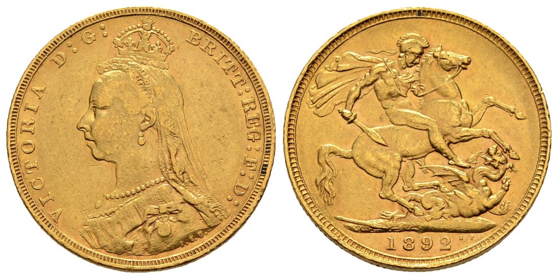 PEUS 2845 Grossbritannien 7,32 g Feingold. Victoria (1837 - 1901) Jubiläumsbüste mit Witwenschleier Sovereign GOLD 1892 Schön / Sehr schön