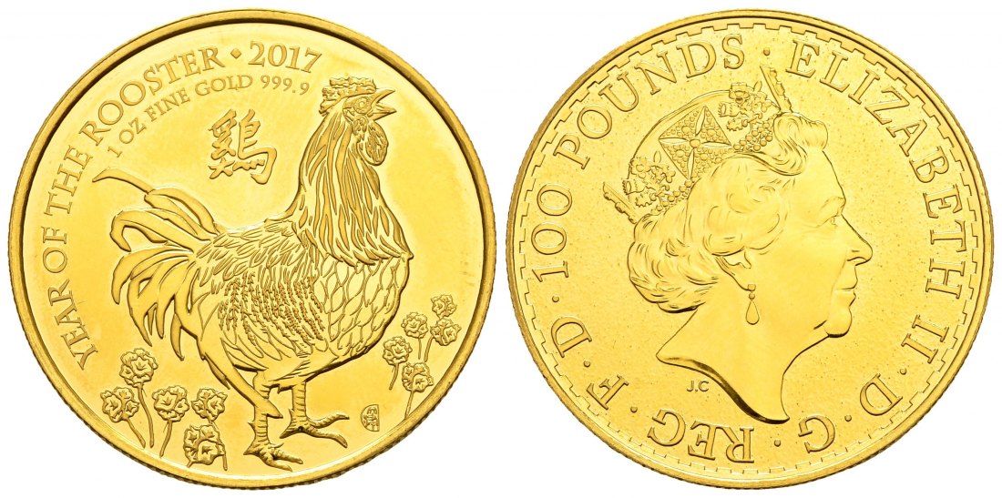 PEUS 2846 Grossbritannien 31,1 g Feingold. LUNAR Jahr des Hahns 100 Pounds GOLD Unze 2017 Brilliant Uncirculated (berührt)